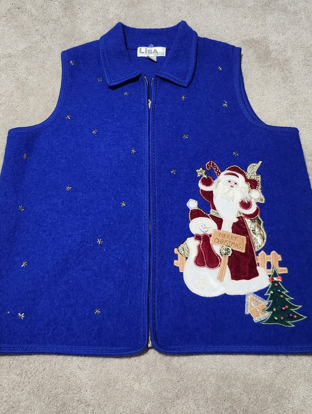 Lisa Internatuonal 100% Wool Plus Size Christmas Cardigan Vest Royal Blue 1X